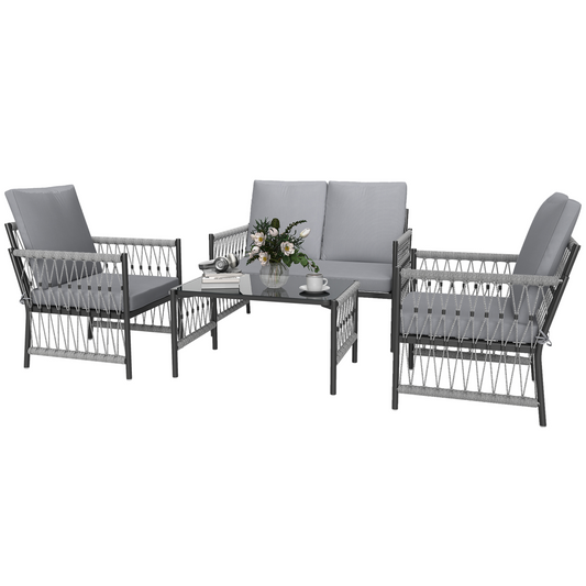 Outsunny 4 Seater Rattan Garden Sofa Set with Glass Top Coffee Table